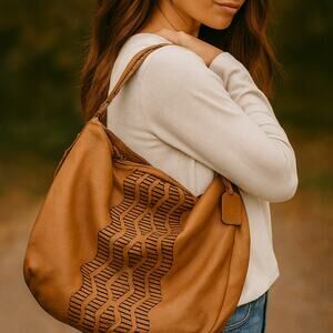 Genuine Leather Hobo Shoulder Bag With Artisanal Cutout Design Camel Color